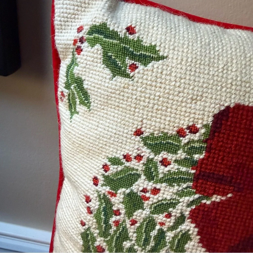 Holiday Wreath Needlepoint Pillow with Red Bow